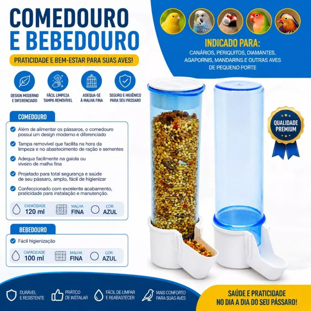 Kit Comedouro Automático de Sementes 120ml + Bebedouro Automático 100ml para Pássaros