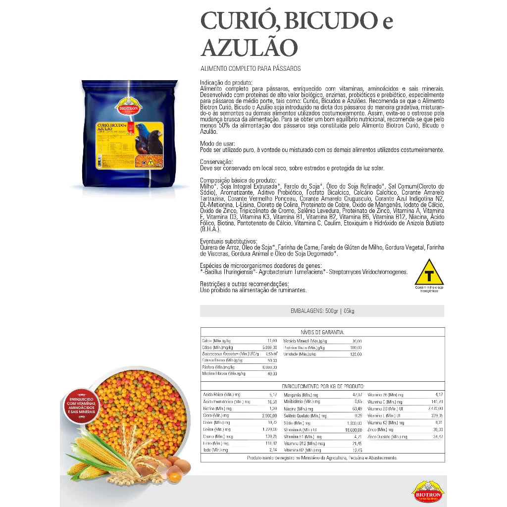 Curió, Bicudo E Azulão 500g  Ração Extrusada Biotron