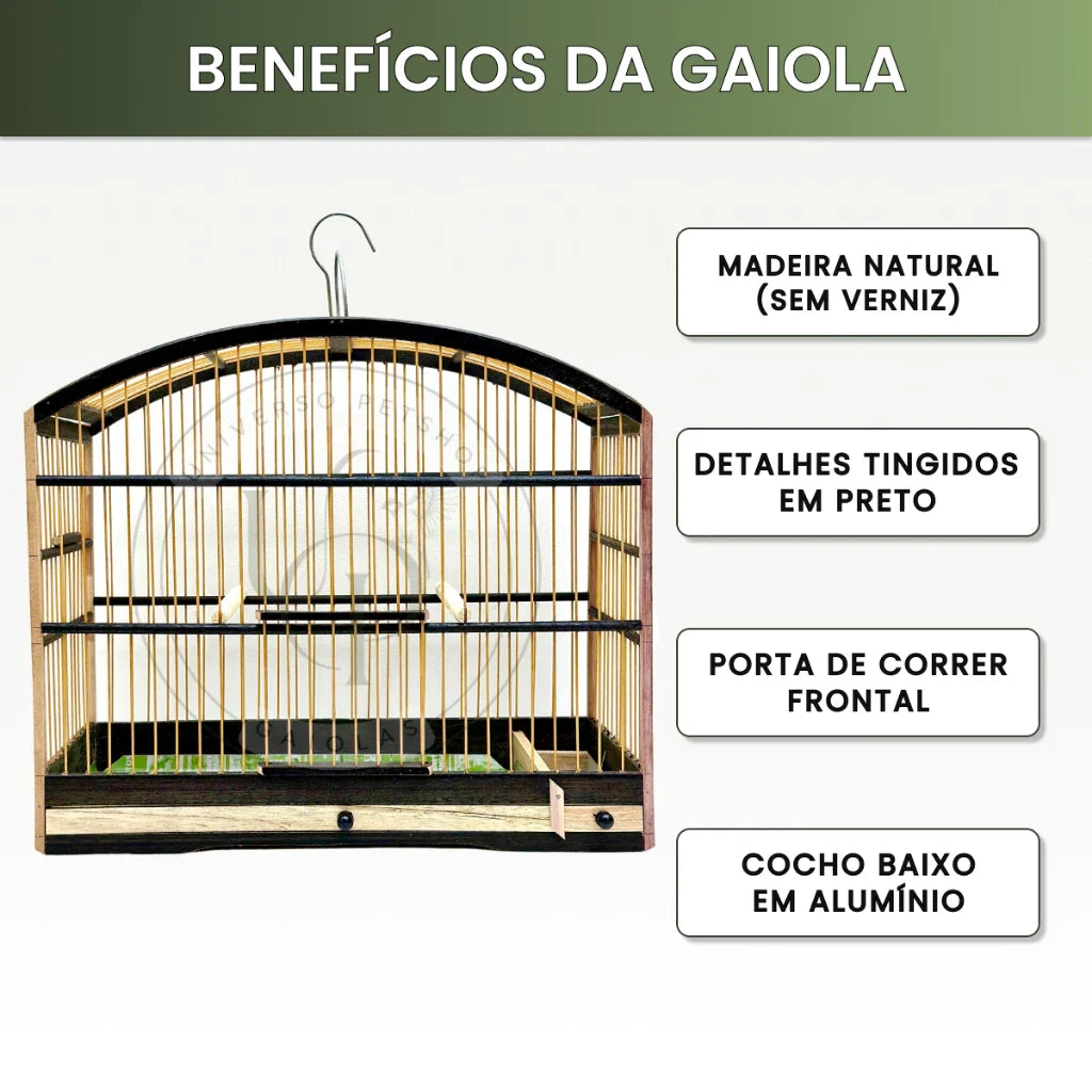 Kit com Duas Gaiolas Baianinha de Coleiro 37cm Passeio Madeira com Cocho Alumínio Passarinhos