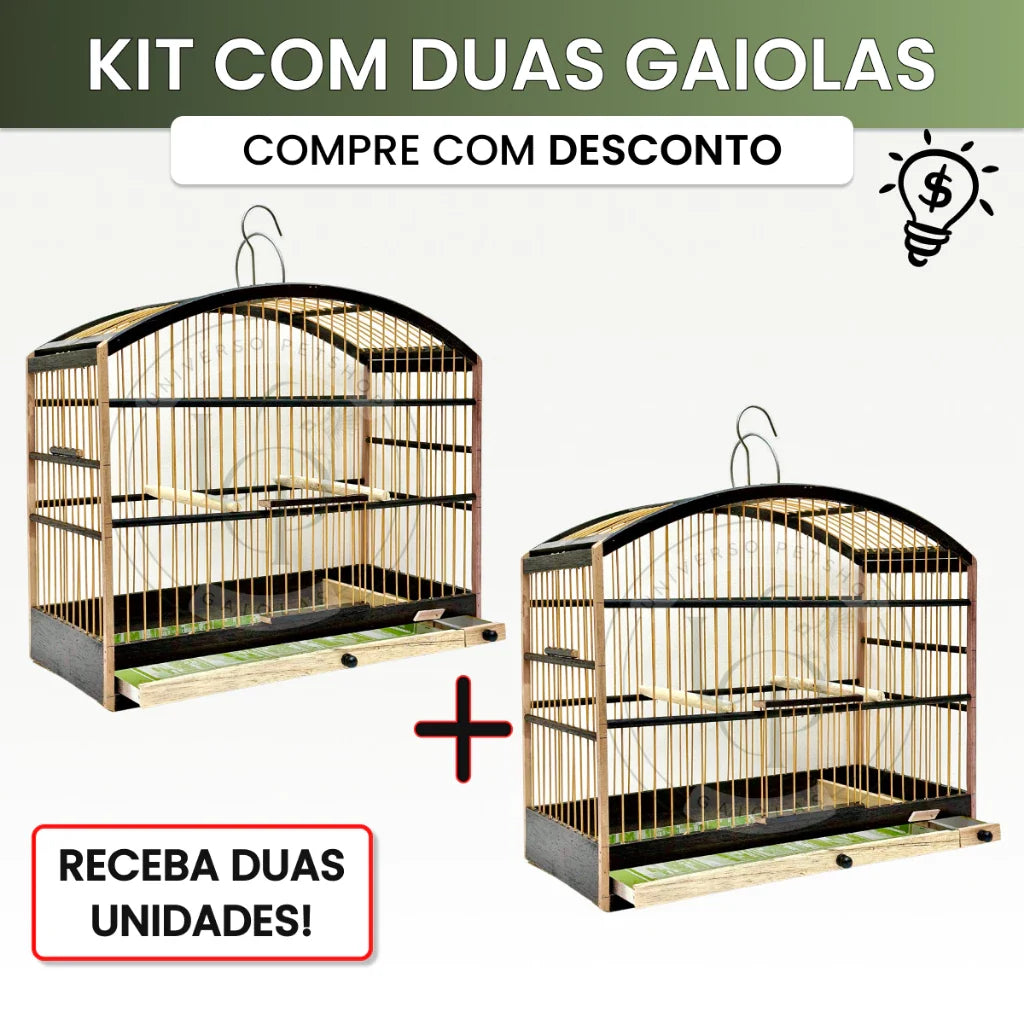 Kit com Duas Gaiolas Baianinha de Coleiro 37cm Passeio Madeira com Cocho Alumínio Passarinhos