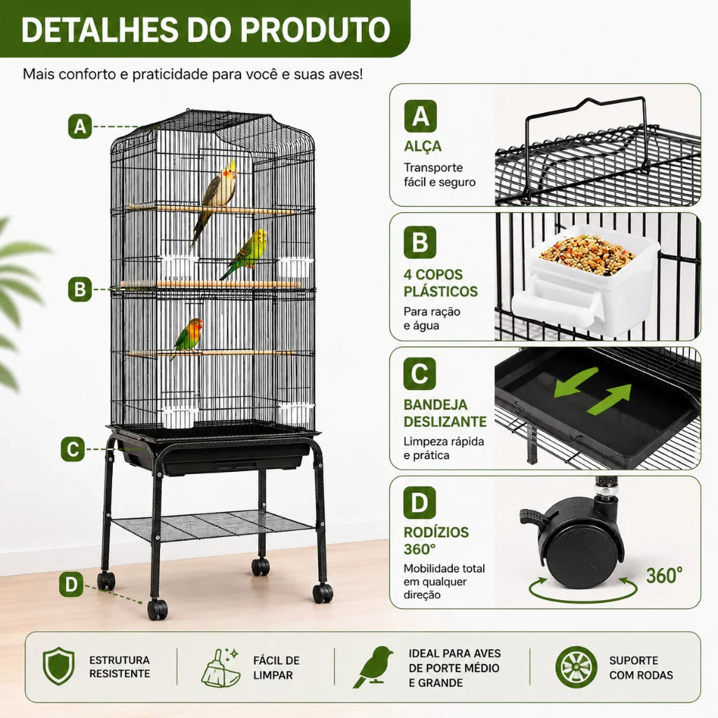 Jaula Alta Com Rodas Para Aves De Médio E Grande Porte Ring Neck Calopsita Papagaio 137*47*37cm