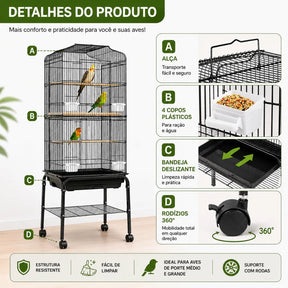 Jaula Alta Com Rodas Para Aves De Médio E Grande Porte Ring Neck Calopsita Papagaio 137*47*37cm