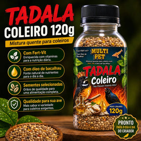 Ração Tadala Coleiro 120g Mistura Quente com Fert-Vit Óleo de Bacalhau e Anticoccidiano Pássaros Papa capim baiano