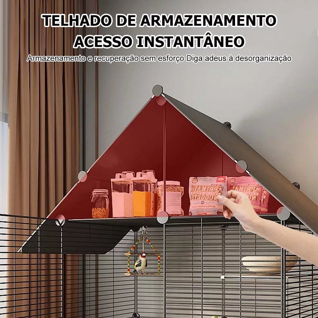 Gaiola Preta Grande Móvel de 3 Andares com Teto, Acessórios e Brinquedos Inclusos