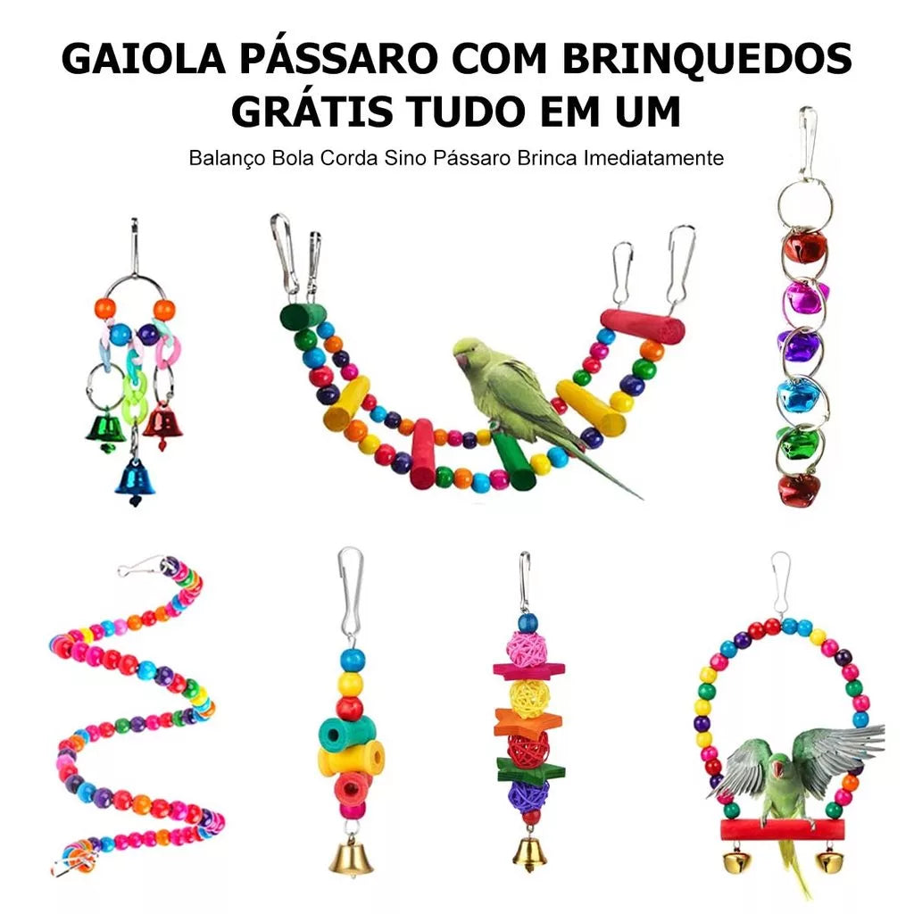 Gaiola Preta Grande Móvel de 3 Andares com Teto, Acessórios e Brinquedos Inclusos
