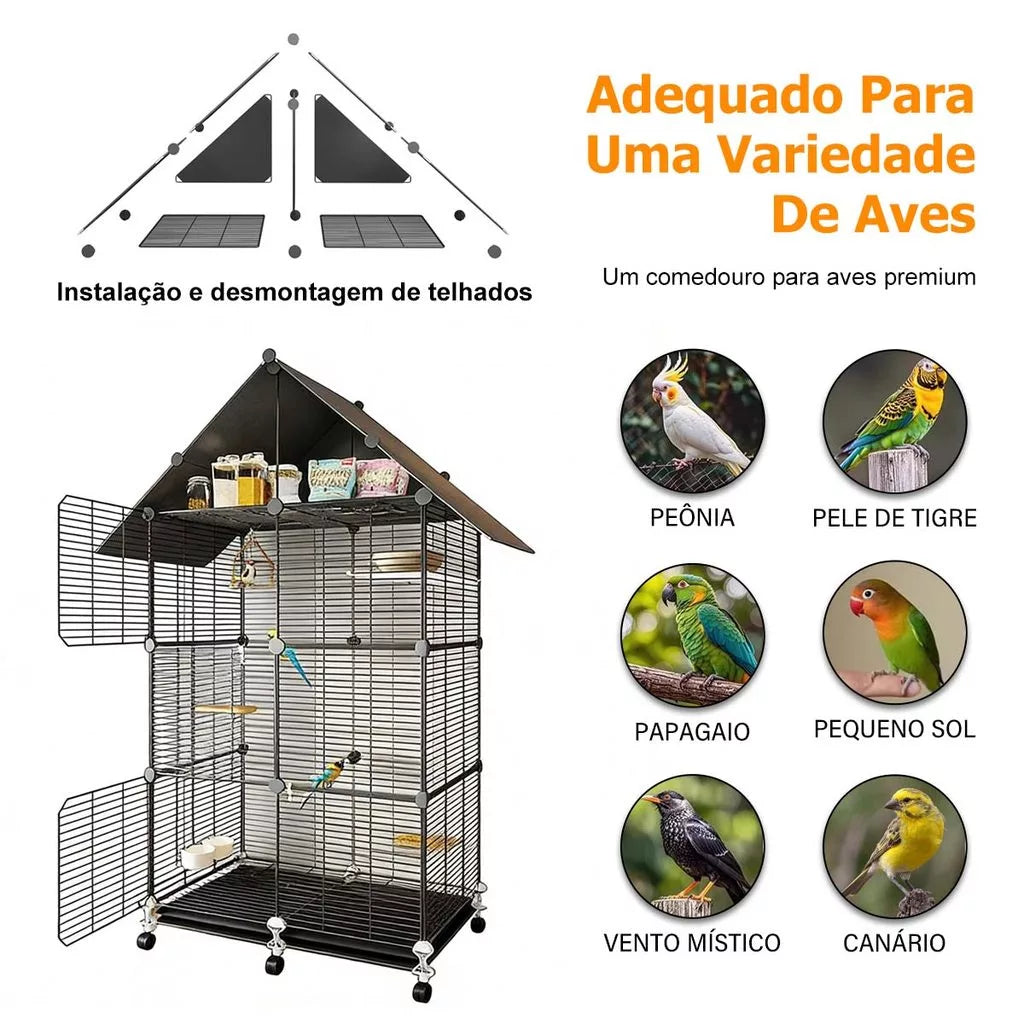 Gaiola Preta Grande Móvel de 3 Andares com Teto, Acessórios e Brinquedos Inclusos